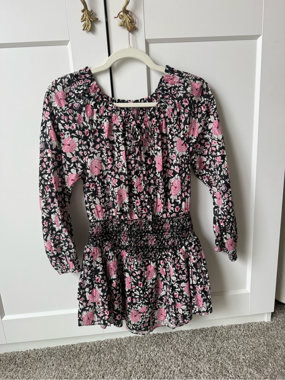 LoveShackFancy Black Floral Mini Dress with Pink Roses